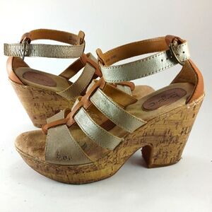 BOC 4 inch Chunk Heel Platform Banded Sandal Leather Metallic Women's Size 8....